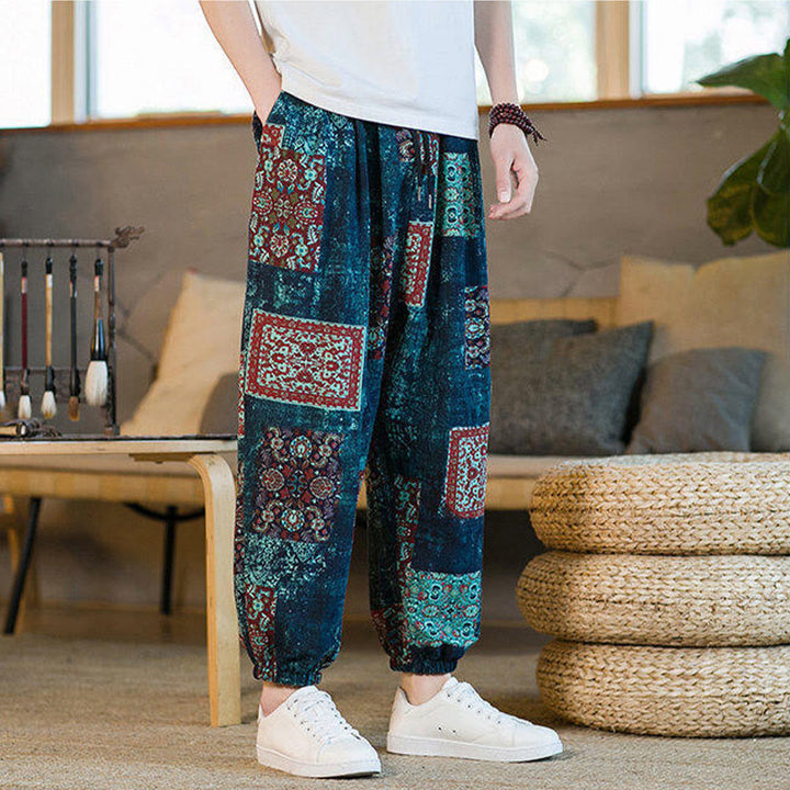 Pantaloni harem da uomo in cotone e lino patchwork con tasche, lunghezza alla caviglia, con motivo Buddha Stones Summer Square