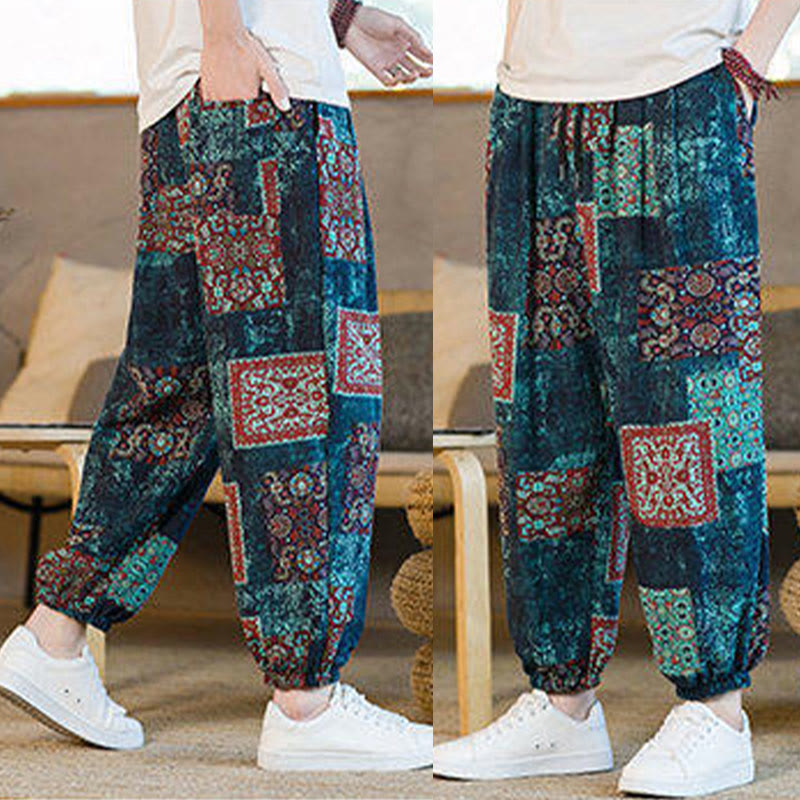 Pantaloni harem da uomo in cotone e lino patchwork con tasche, lunghezza alla caviglia, con motivo Buddha Stones Summer Square