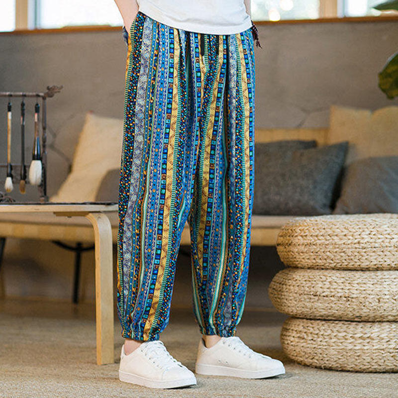 Pantaloni harem da uomo in cotone e lino a righe colorate con tasche, alla caviglia, con motivo Buddha Stones
