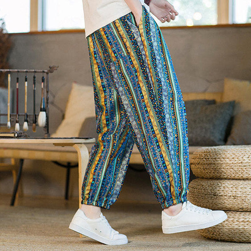 Pantaloni harem da uomo in cotone e lino a righe colorate con tasche, alla caviglia, con motivo Buddha Stones