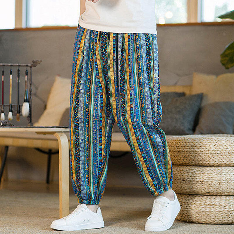Pantaloni harem da uomo in cotone e lino a righe colorate con tasche, alla caviglia, con motivo Buddha Stones
