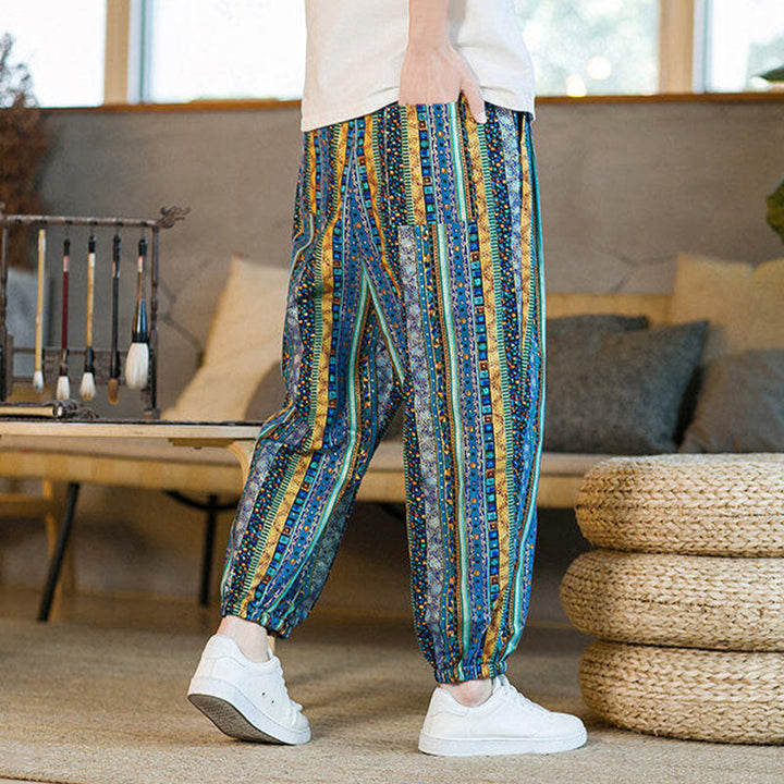 Pantaloni harem da uomo in cotone e lino a righe colorate con tasche, alla caviglia, con motivo Buddha Stones