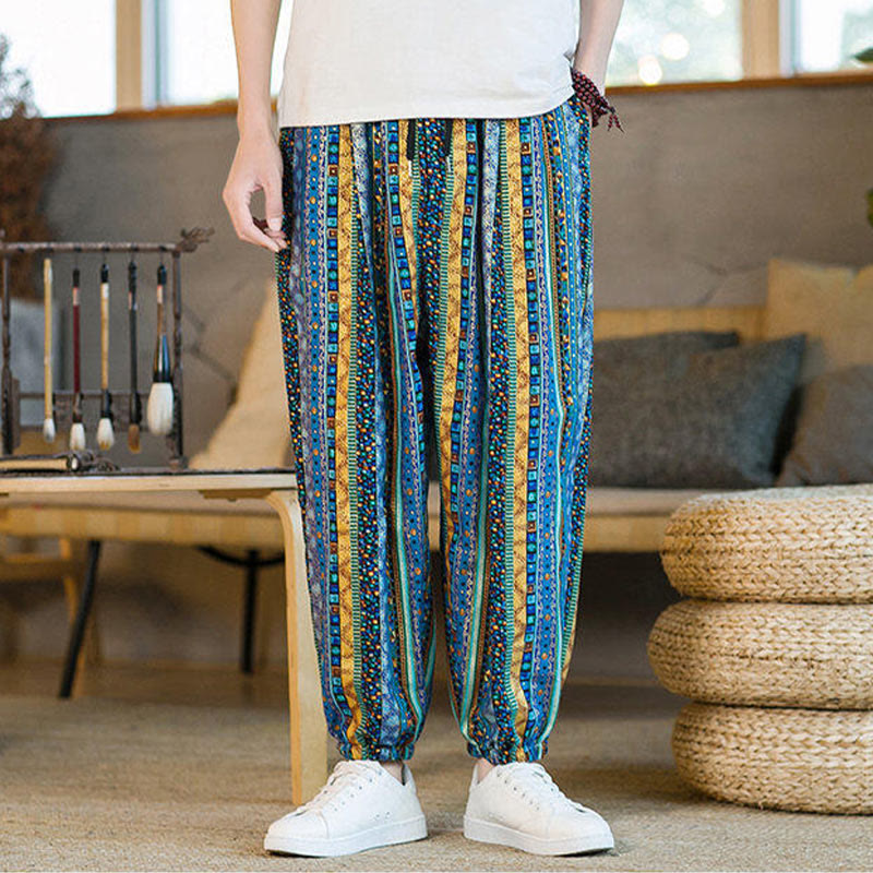 Pantaloni harem da uomo in cotone e lino a righe colorate con tasche, alla caviglia, con motivo Buddha Stones