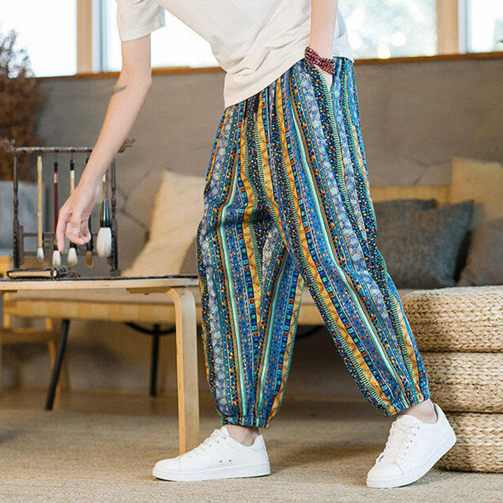 Pantaloni harem da uomo in cotone e lino a righe colorate con tasche, alla caviglia, con motivo Buddha Stones
