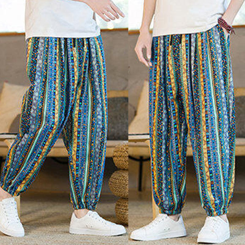 Pantaloni harem da uomo in cotone e lino a righe colorate con tasche, alla caviglia, con motivo Buddha Stones