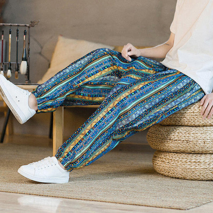 Pantaloni harem da uomo in cotone e lino a righe colorate con tasche, alla caviglia, con motivo Buddha Stones