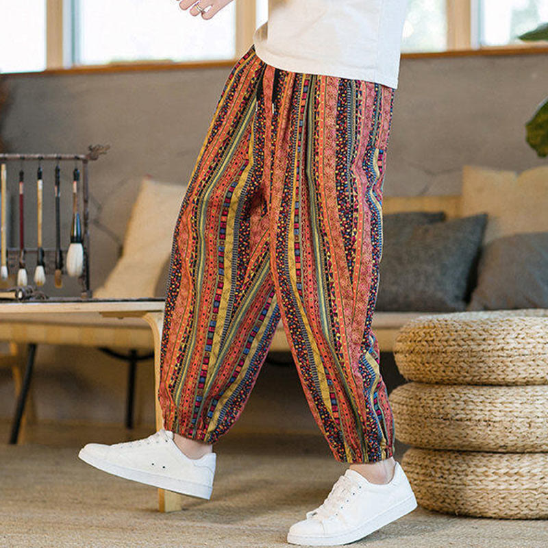 Pantaloni harem da uomo in cotone e lino a righe colorate con tasche, alla caviglia, con motivo Buddha Stones