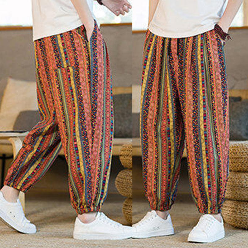 Pantaloni harem da uomo in cotone e lino a righe colorate con tasche, alla caviglia, con motivo Buddha Stones