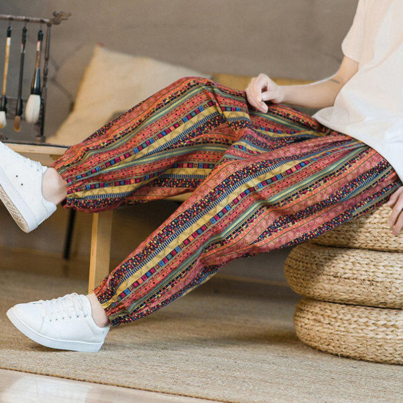 Pantaloni harem da uomo in cotone e lino a righe colorate con tasche, alla caviglia, con motivo Buddha Stones