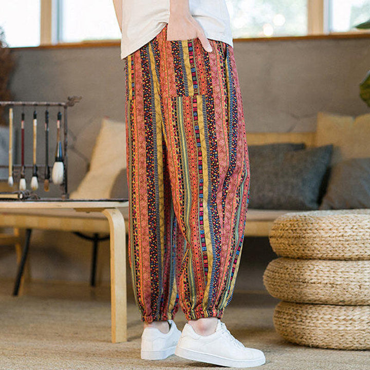 Pantaloni harem da uomo in cotone e lino a righe colorate con tasche, alla caviglia, con motivo Buddha Stones