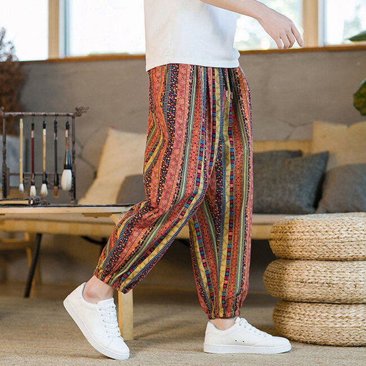 Pantaloni harem da uomo in cotone e lino a righe colorate con tasche, alla caviglia, con motivo Buddha Stones