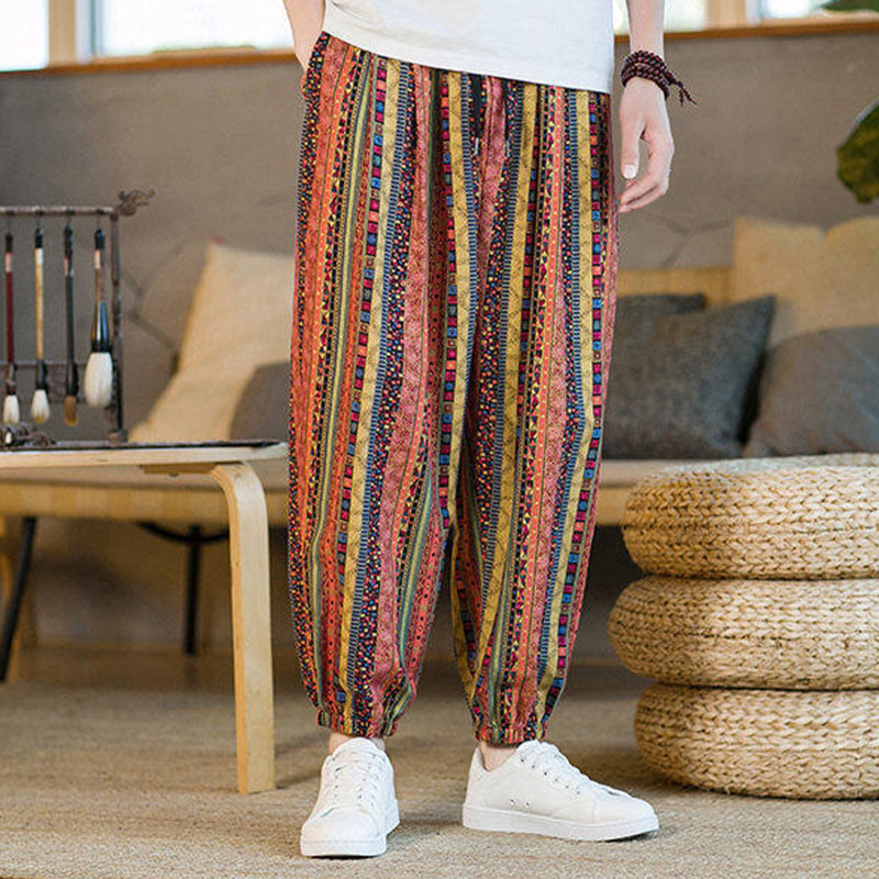 Pantaloni harem da uomo in cotone e lino a righe colorate con tasche, alla caviglia, con motivo Buddha Stones