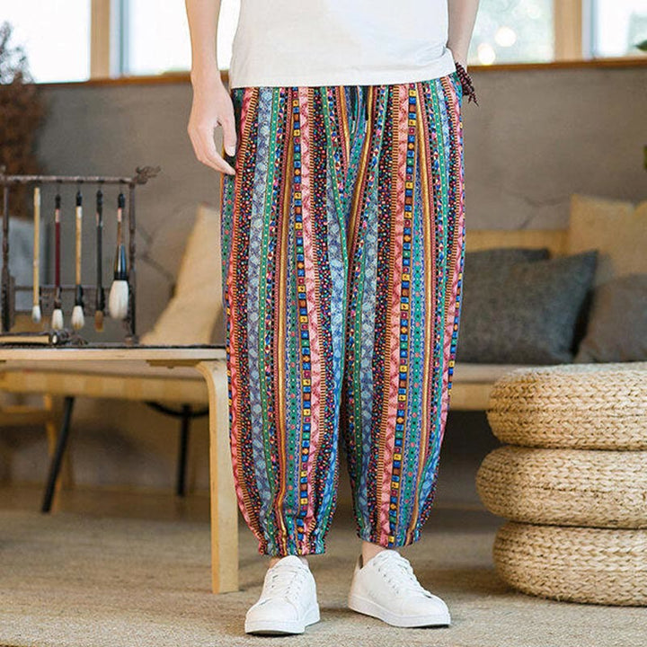 Pantaloni harem da uomo in cotone e lino a righe colorate con tasche, alla caviglia, con motivo Buddha Stones