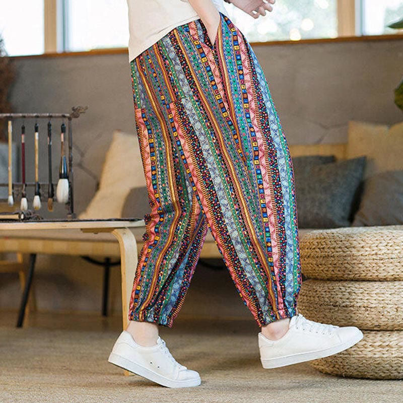 Pantaloni harem da uomo in cotone e lino a righe colorate con tasche, alla caviglia, con motivo Buddha Stones