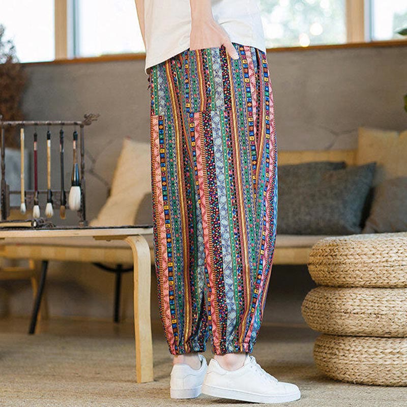 Pantaloni harem da uomo in cotone e lino a righe colorate con tasche, alla caviglia, con motivo Buddha Stones