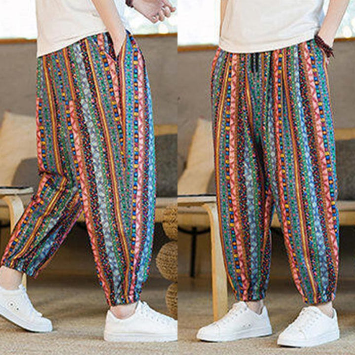 Pantaloni harem da uomo in cotone e lino a righe colorate con tasche, alla caviglia, con motivo Buddha Stones