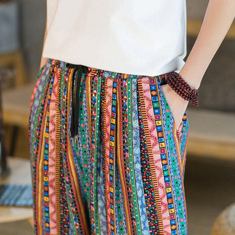 Pantaloni harem da uomo in cotone e lino a righe colorate con tasche, alla caviglia, con motivo Buddha Stones