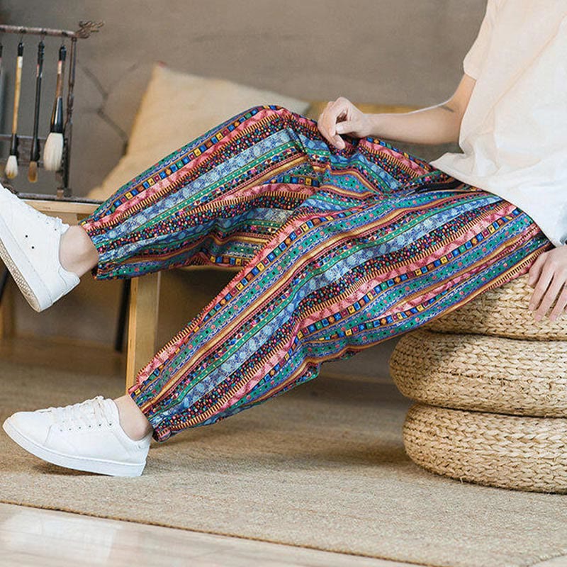 Pantaloni harem da uomo in cotone e lino a righe colorate con tasche, alla caviglia, con motivo Buddha Stones