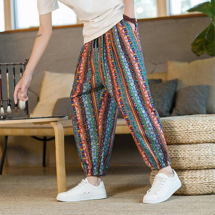 Pantaloni harem da uomo in cotone e lino a righe colorate con tasche, alla caviglia, con motivo Buddha Stones