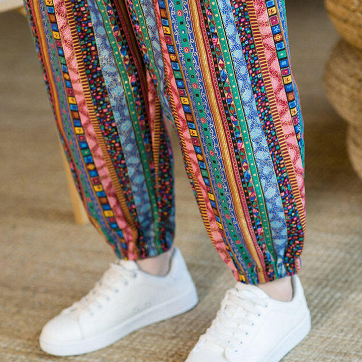 Pantaloni harem da uomo in cotone e lino a righe colorate con tasche, alla caviglia, con motivo Buddha Stones