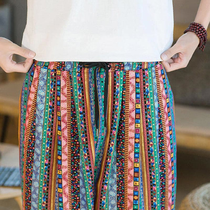 Pantaloni harem da uomo in cotone e lino a righe colorate con tasche, alla caviglia, con motivo Buddha Stones
