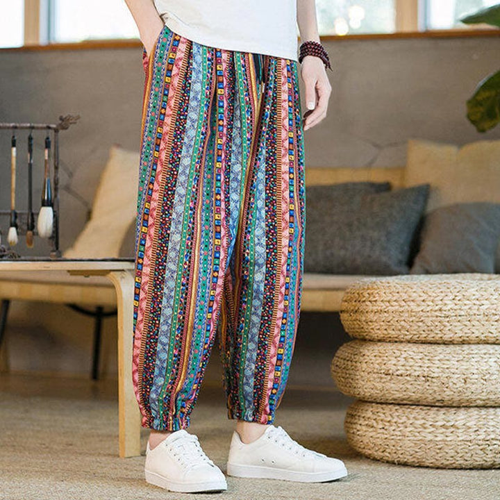 Pantaloni harem da uomo in cotone e lino a righe colorate con tasche, alla caviglia, con motivo Buddha Stones