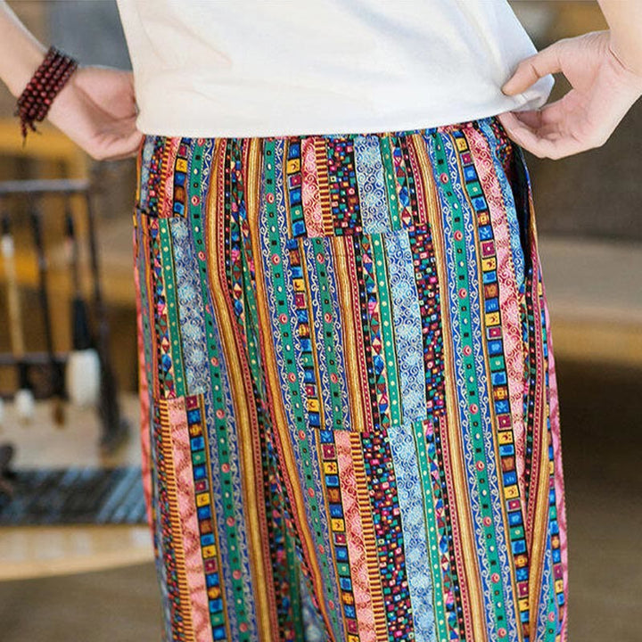 Pantaloni harem da uomo in cotone e lino a righe colorate con tasche, alla caviglia, con motivo Buddha Stones