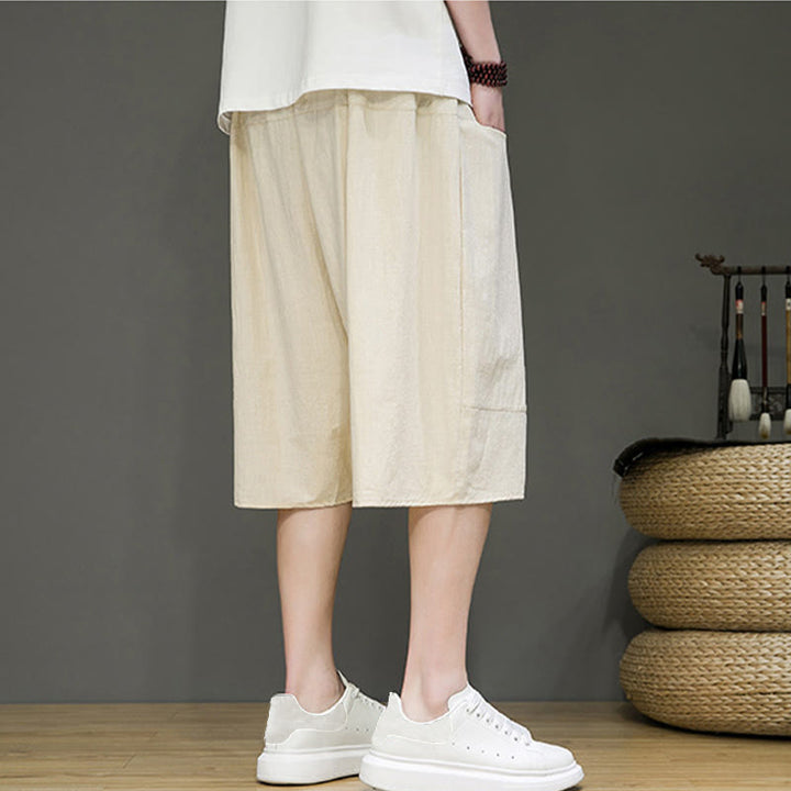 Pantaloni capri harem da uomo in cotone e lino con coulisse e tasche, con stampa Buddha Stones. - image 3