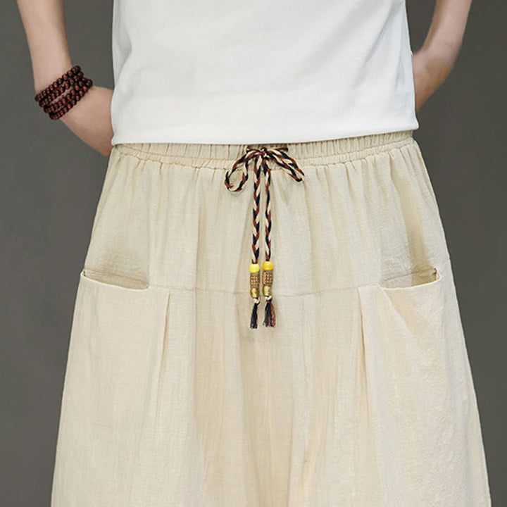 Pantaloni harem da uomo in cotone e lino con coulisse, stile capri, con tasche, Buddha Stones