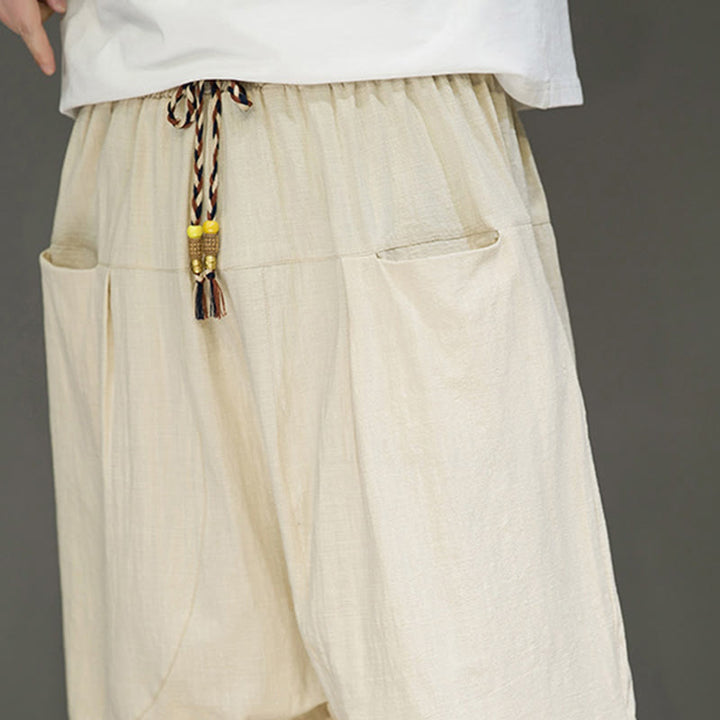 Pantaloni harem da uomo in cotone e lino con coulisse, stile capri, con tasche, Buddha Stones