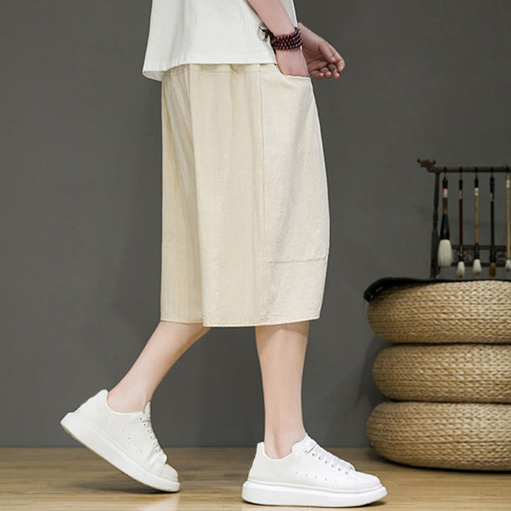 Pantaloni capri harem da uomo in cotone e lino con coulisse e tasche, con stampa Buddha Stones. - image 5