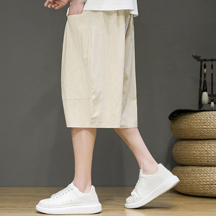 Pantaloni capri harem da uomo in cotone e lino con coulisse e tasche, con stampa Buddha Stones. - image 6