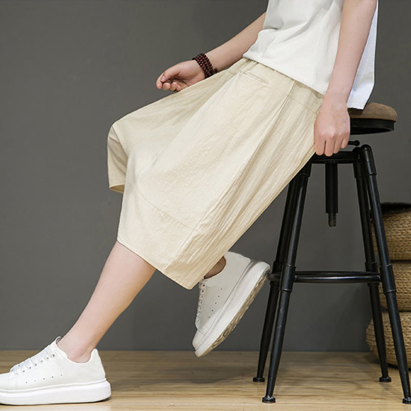 Pantaloni harem da uomo in cotone e lino con coulisse, stile capri, con tasche, Buddha Stones