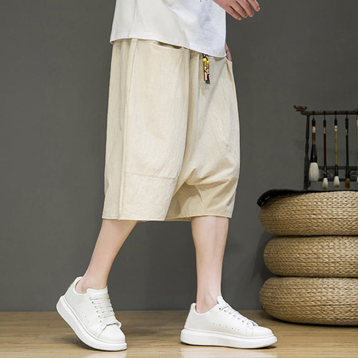 Pantaloni capri harem da uomo in cotone e lino con coulisse e tasche, con stampa Buddha Stones. - image 4