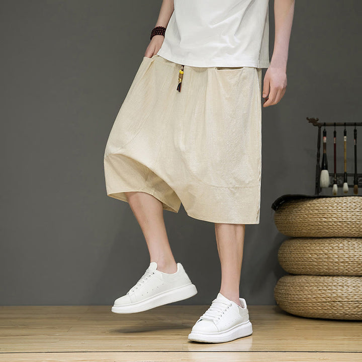 Pantaloni harem da uomo in cotone e lino con coulisse, stile capri, con tasche, Buddha Stones