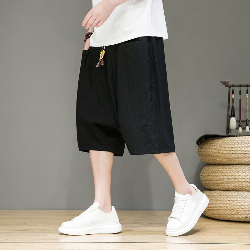 Pantaloni harem da uomo in cotone e lino con coulisse, stile capri, con tasche, Buddha Stones