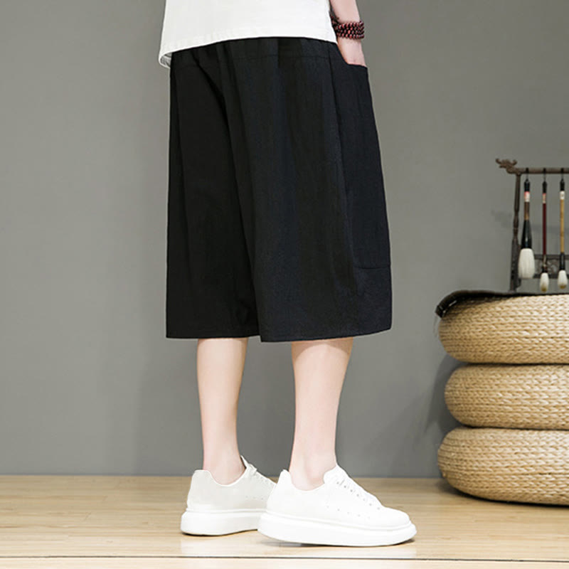 Pantaloni harem da uomo in cotone e lino con coulisse, stile capri, con tasche, Buddha Stones