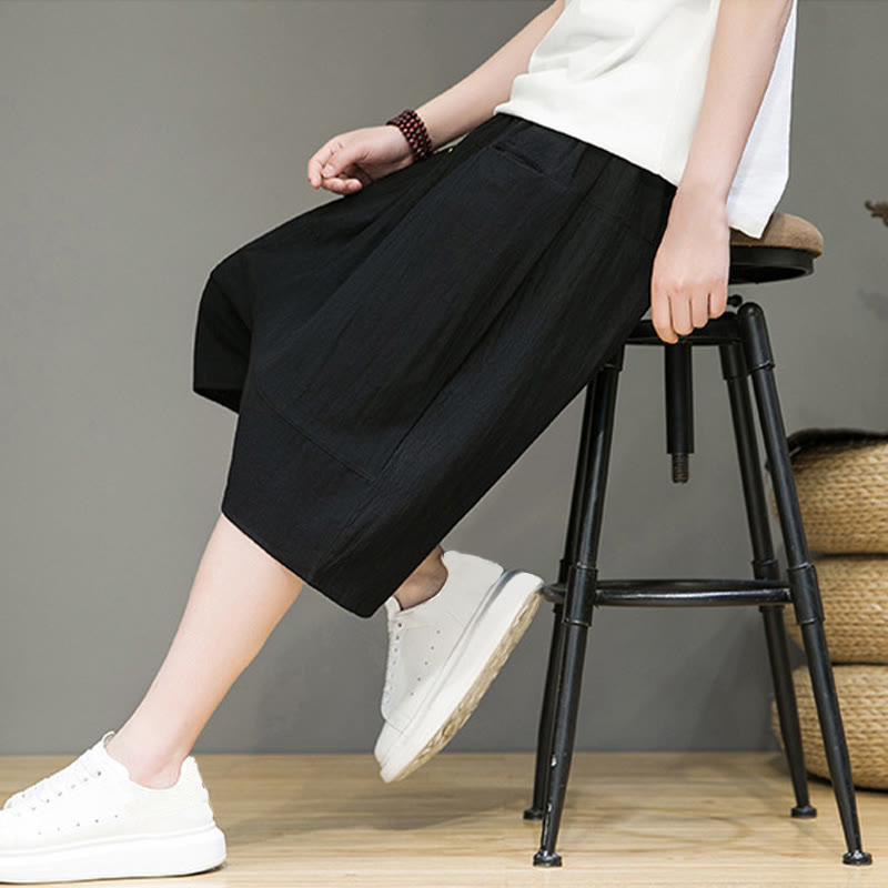 Pantaloni harem da uomo in cotone e lino con coulisse, stile capri, con tasche, Buddha Stones