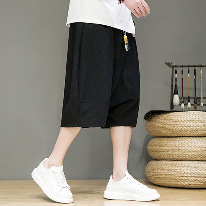 Pantaloni capri harem da uomo in cotone e lino con coulisse e tasche, con stampa Buddha Stones. - image 17