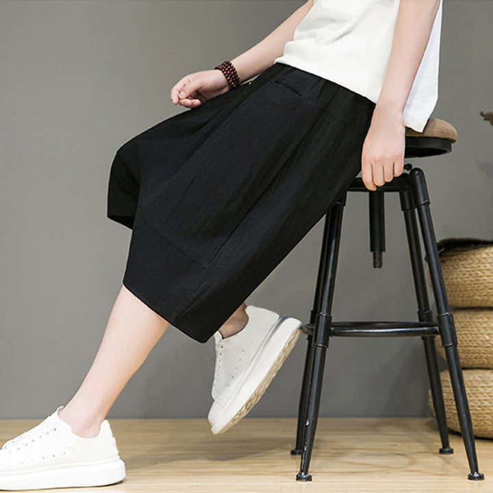 Pantaloni capri harem da uomo in cotone e lino con coulisse e tasche, con stampa Buddha Stones. - image 19