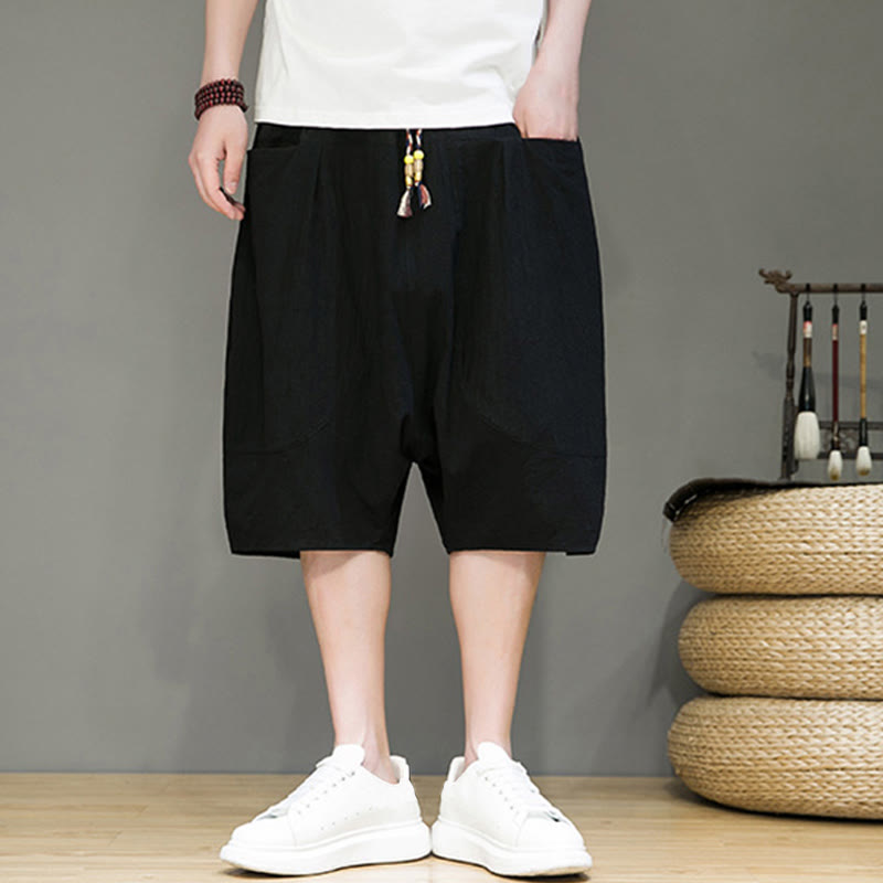 Pantaloni capri harem da uomo in cotone e lino con coulisse e tasche, con stampa Buddha Stones. - image 13