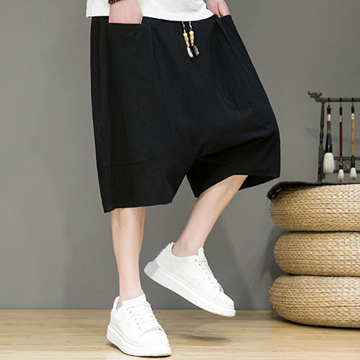 Pantaloni harem da uomo in cotone e lino con coulisse, stile capri, con tasche, Buddha Stones