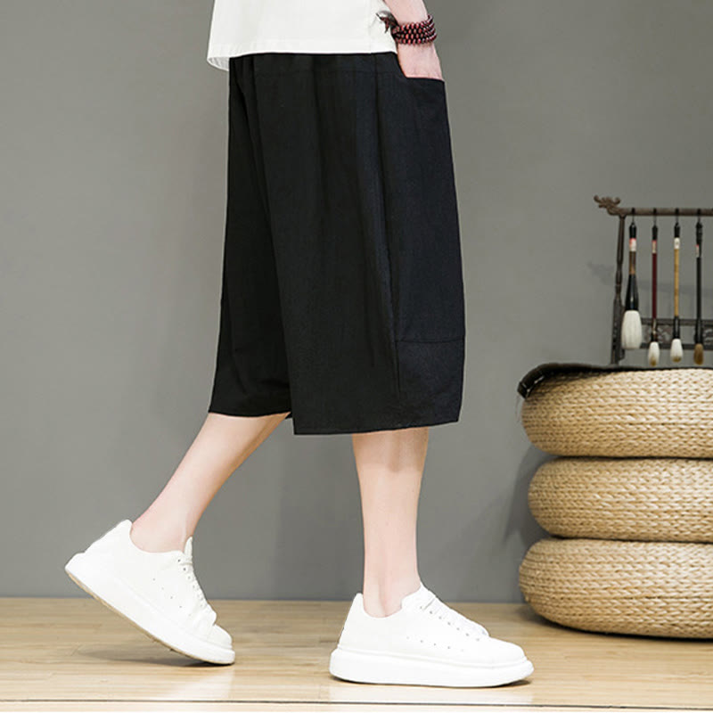 Pantaloni capri harem da uomo in cotone e lino con coulisse e tasche, con stampa Buddha Stones. - image 15