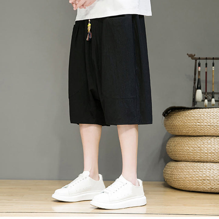 Pantaloni capri harem da uomo in cotone e lino con coulisse e tasche, con stampa Buddha Stones. - image 14