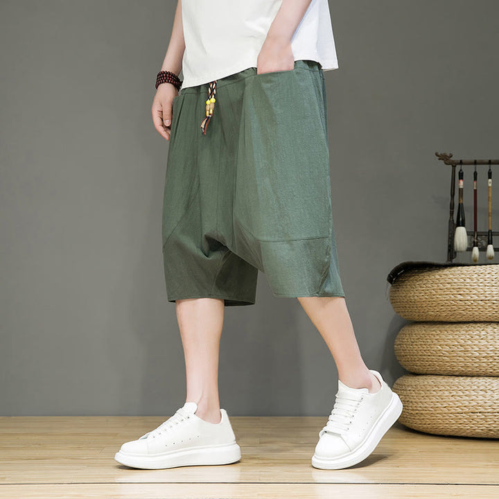Pantaloni harem da uomo in cotone e lino con coulisse, stile capri, con tasche, Buddha Stones