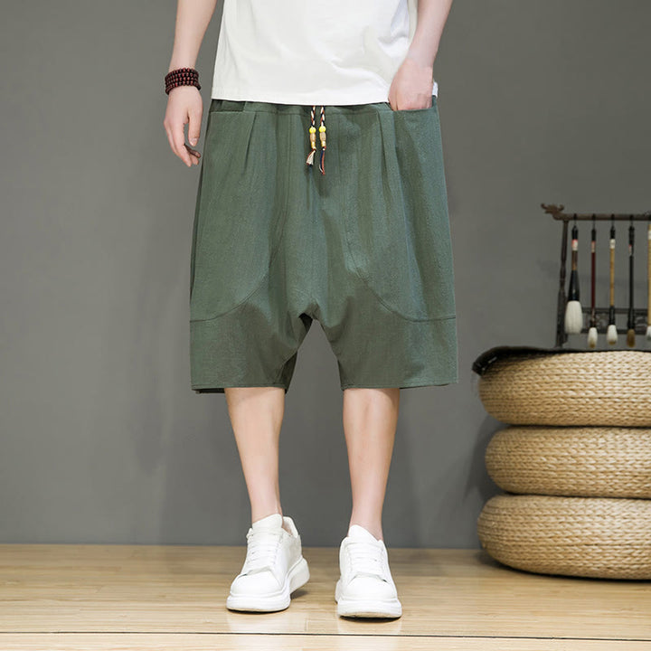 Pantaloni harem da uomo in cotone e lino con coulisse, stile capri, con tasche, Buddha Stones