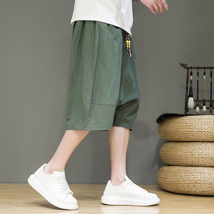 Pantaloni harem da uomo in cotone e lino con coulisse, stile capri, con tasche, Buddha Stones