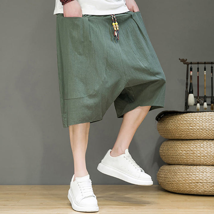 Pantaloni harem da uomo in cotone e lino con coulisse, stile capri, con tasche, Buddha Stones