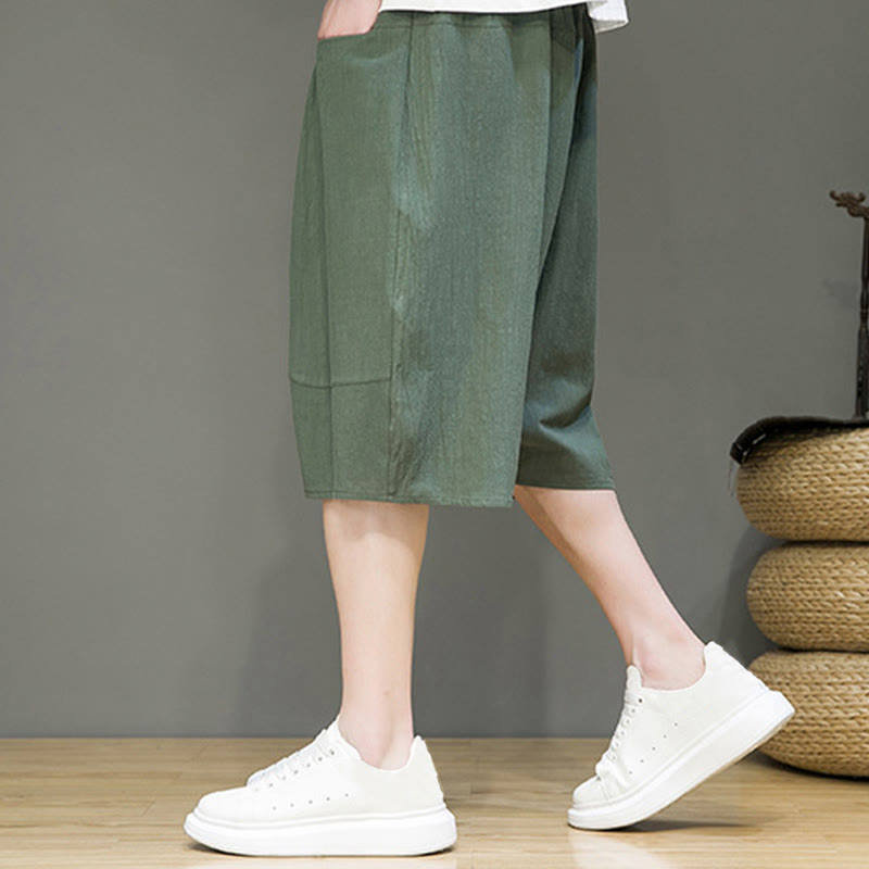 Pantaloni harem da uomo in cotone e lino con coulisse, stile capri, con tasche, Buddha Stones