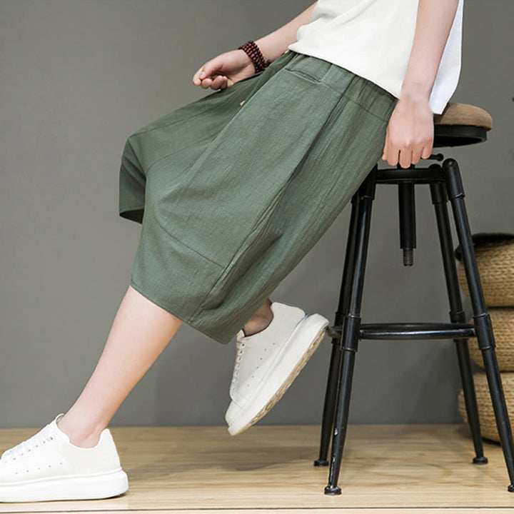 Pantaloni harem da uomo in cotone e lino con coulisse, stile capri, con tasche, Buddha Stones